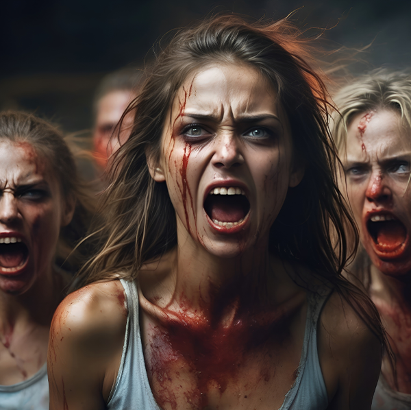 Blood-spattered actors screaming in the dark at a haunted attraction