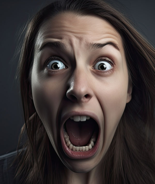 A woman screaming in terror, photographed at a haunted attraction scare point.