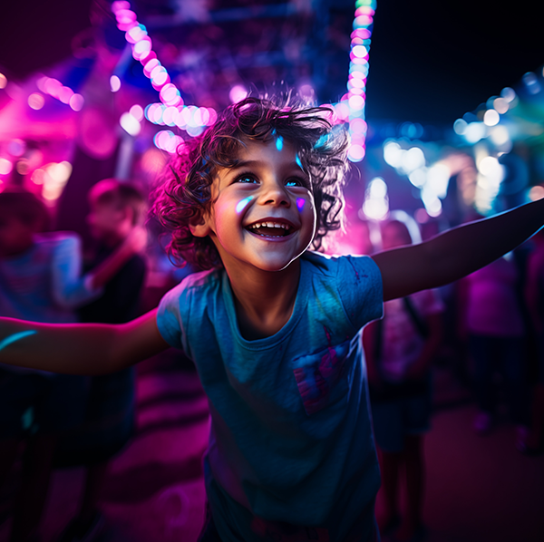 A child with arms outstretched laughing under pink and blue neon lights at an indoor attraction