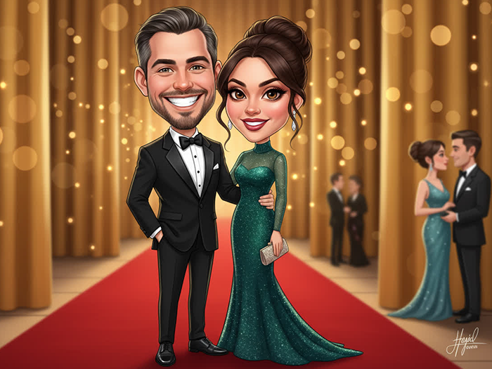 A guest photographed at an event restyled as a red-carpet portrait by a Curator AI photo effect.