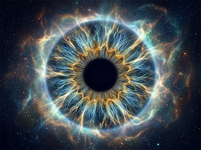 A finished Curator IRIS artwork: a guest's blue and gold iris rendered as a glowing nebula against a starfield.