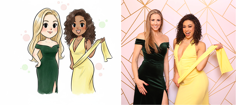 A pair of guests photographed at an event beside the same shot restyled as an illustration by a Curator AI photo effect.