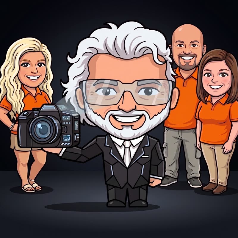 The Curator team as cartoon characters: four people in orange polo shirts, one in a suit holding a camera.