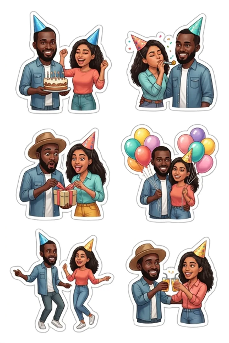 AI sticker sheet: six birthday stickers of a couple in party hats with a cake, balloons, presents, dancing and a toast.