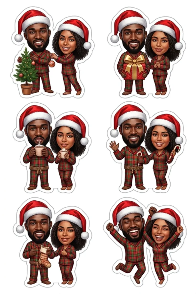 AI sticker sheet: six Christmas stickers of a couple in Santa hats and plaid pajamas, decorating a tree, holding a gift, sipping cocoa, waving, holding a stocking and jumping.