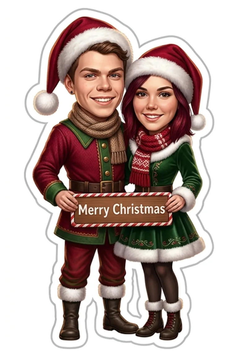 AI sticker style: a couple in Christmas outfits and Santa hats holding a Merry Christmas sign.