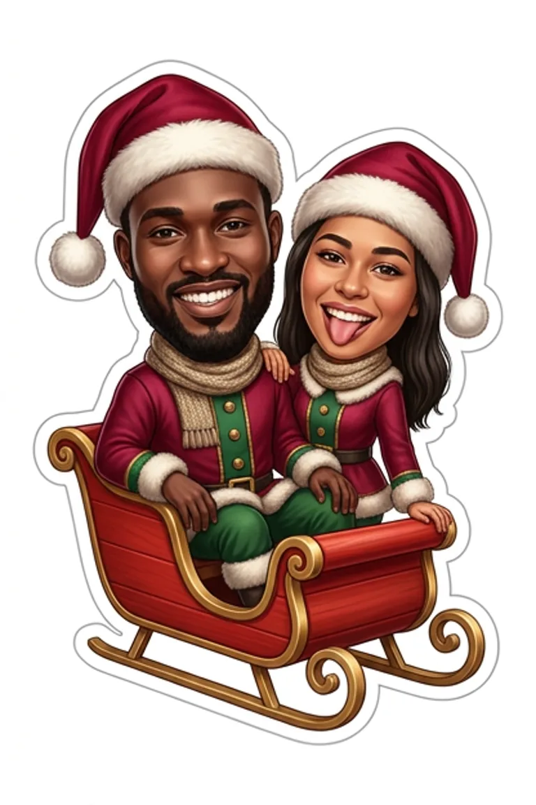 AI sticker style: a couple in Santa hats riding a red sleigh, cut along their outline.