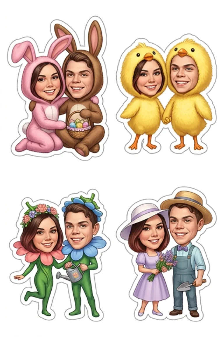 AI sticker sheet: four Easter stickers of a couple dressed as bunnies, chicks and flowers and in spring outfits.