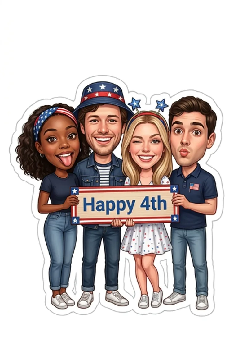 AI sticker style: four friends in red, white and blue holding a Happy 4th sign.