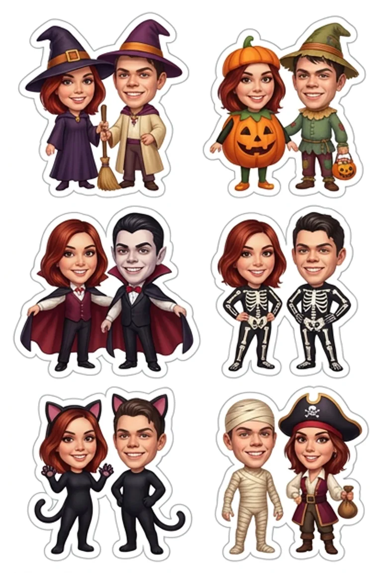 AI sticker sheet: six Halloween costume stickers of the same couple, including witches, vampires, skeletons and pirates.