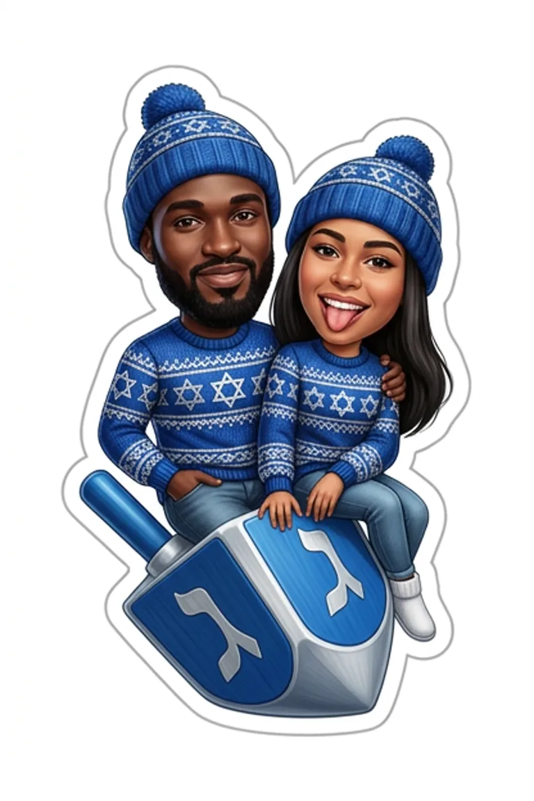 AI sticker style: a couple in blue Hanukkah sweaters sitting on a giant dreidel.