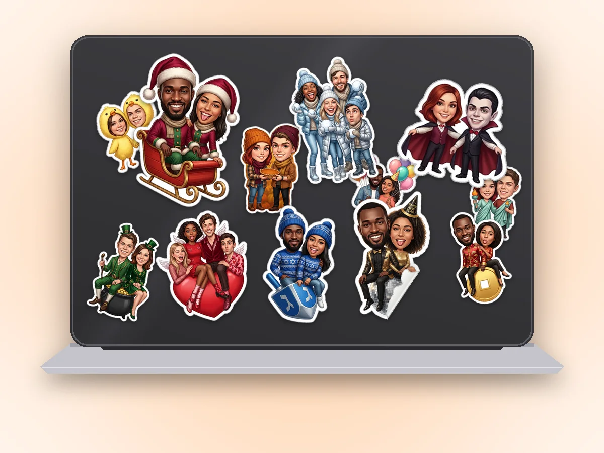 Illustration of a laptop lid covered in holiday photo stickers.
