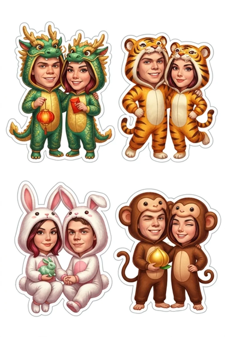 AI sticker sheet: four Lunar New Year stickers of a couple dressed as a dragon, a tiger, a rabbit and a monkey.