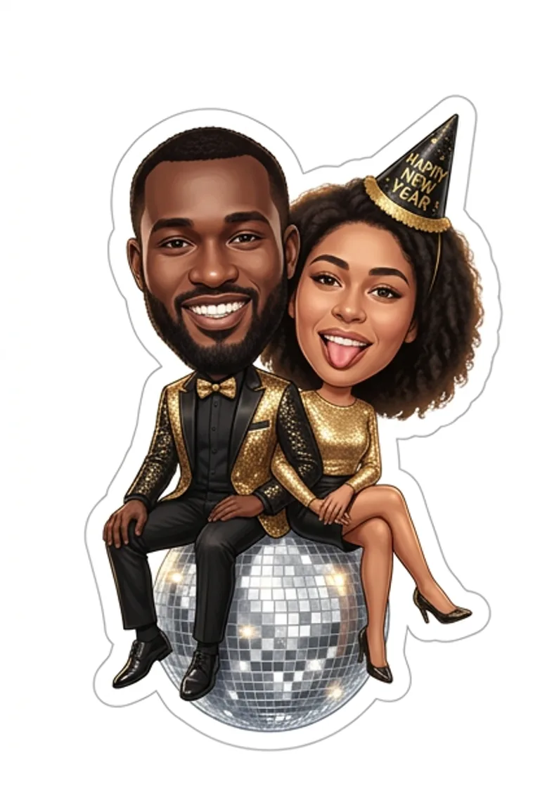 AI sticker style: a couple in gold party outfits sitting on a giant disco ball.