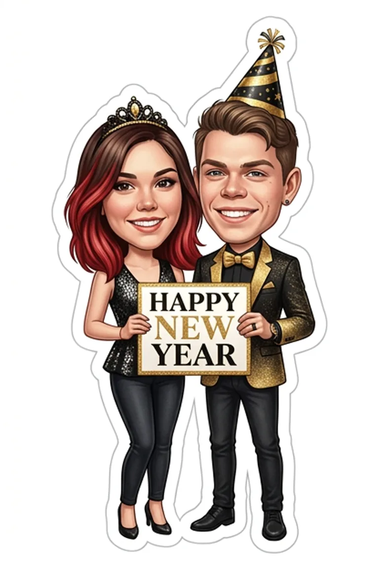 AI sticker style: a couple in gold party outfits and a party hat holding a Happy New Year sign.