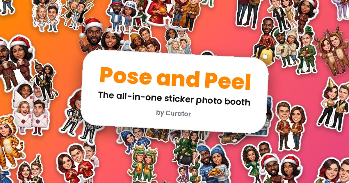 Pose and Peel by Curator, the all-in-one sticker photo booth, on a wall of holiday photo stickers.