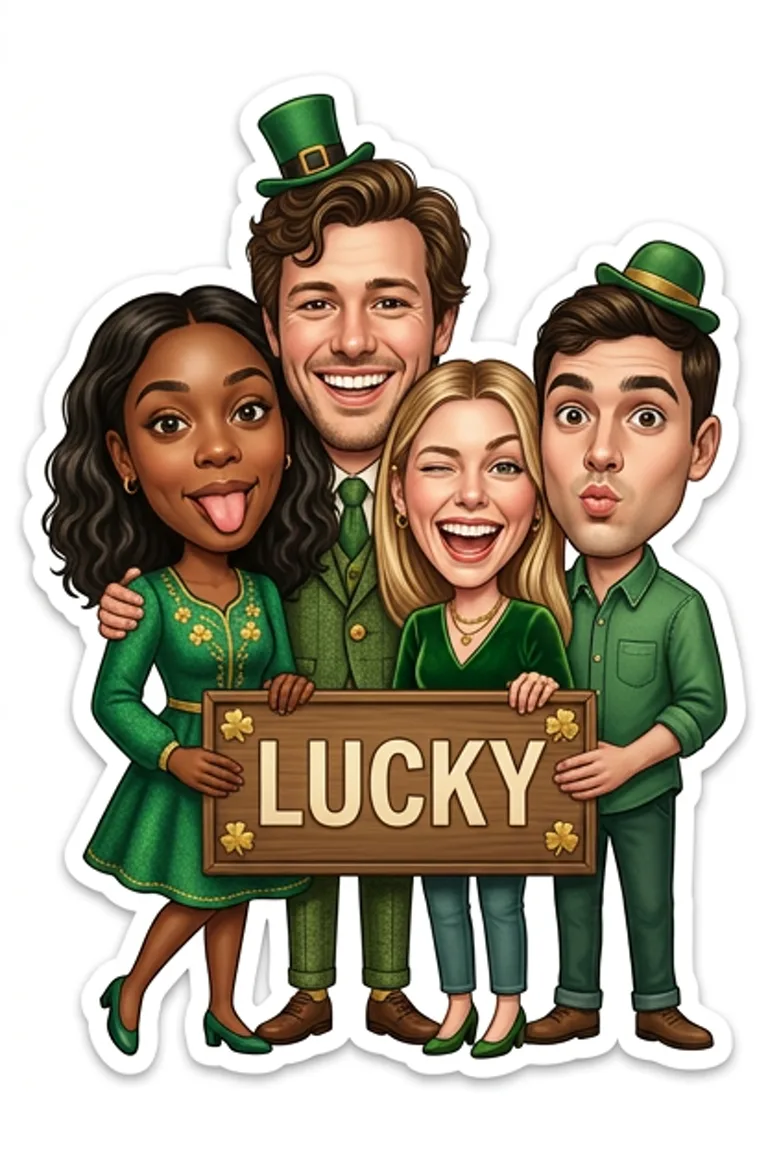 AI sticker style: four friends in green with leprechaun hats holding a LUCKY sign.