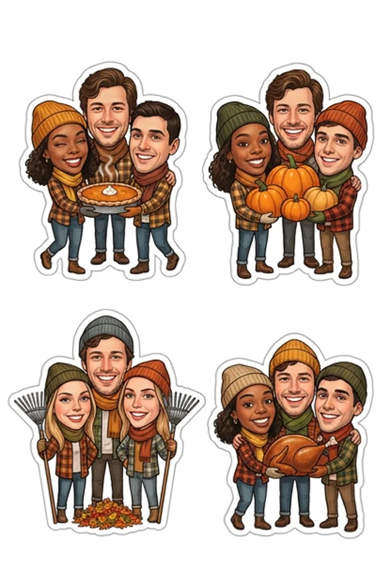 AI sticker sheet: four Thanksgiving stickers of friends in fall flannels with a pie, pumpkins, autumn leaves and a turkey.