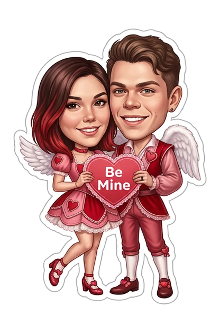 AI sticker style: a couple in red and pink with angel wings holding a heart-shaped Be Mine sign.