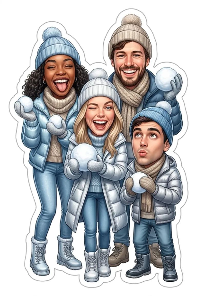 AI sticker style: four friends in puffer jackets and beanies having a snowball fight.